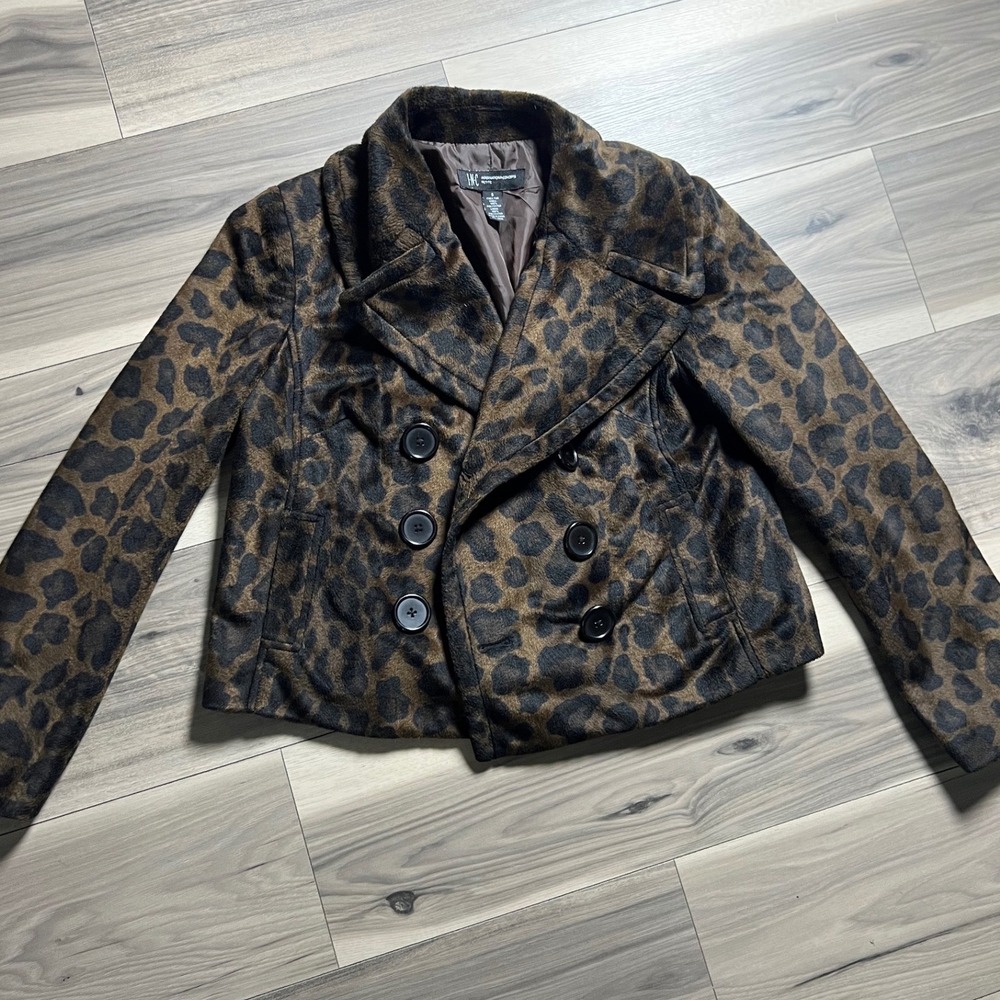 INC International Concepts Leopard Faux Fur Pea Coat Petite Small Brown Animal